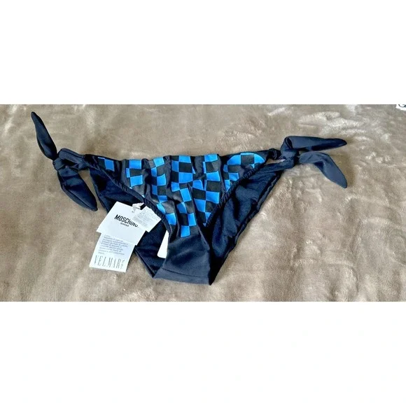 Moschino Swim Women Size 2/Medium Blue Checkered Bikini Bottom Designer Side Tie - Picture 4 of 10